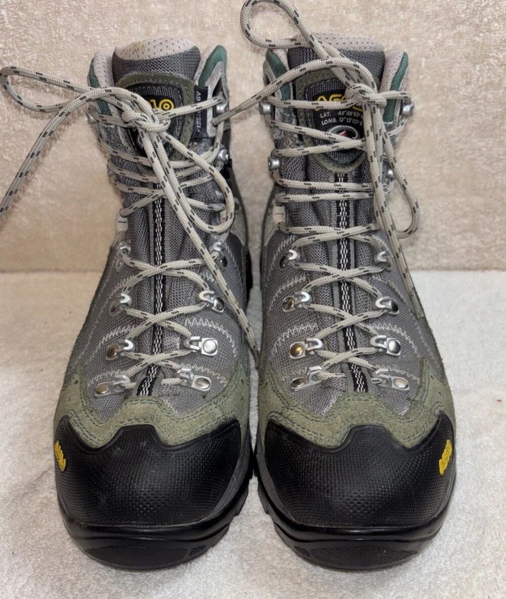 Asolo Boots Womens Size 8.5 Green Gray Suede Waterproof Vibram Ankle Hiking